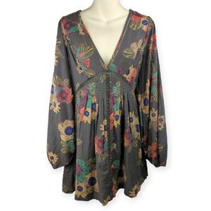 FREE PEOPLE Brown Mini Dress Floral Balloon Sleeve Boho Bohemian Festival XS